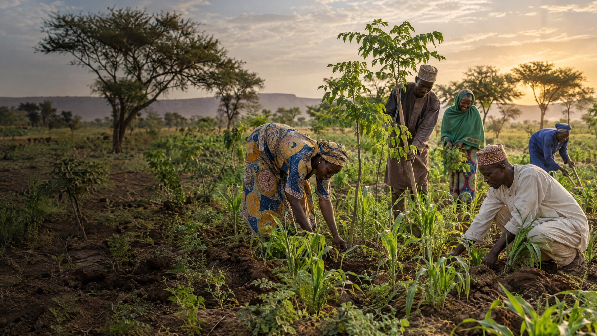 Des membres d’une communauté travaillent ensemble dans une parcelle cultivée du Sahel, entre jeunes arbres et terres nourricières.