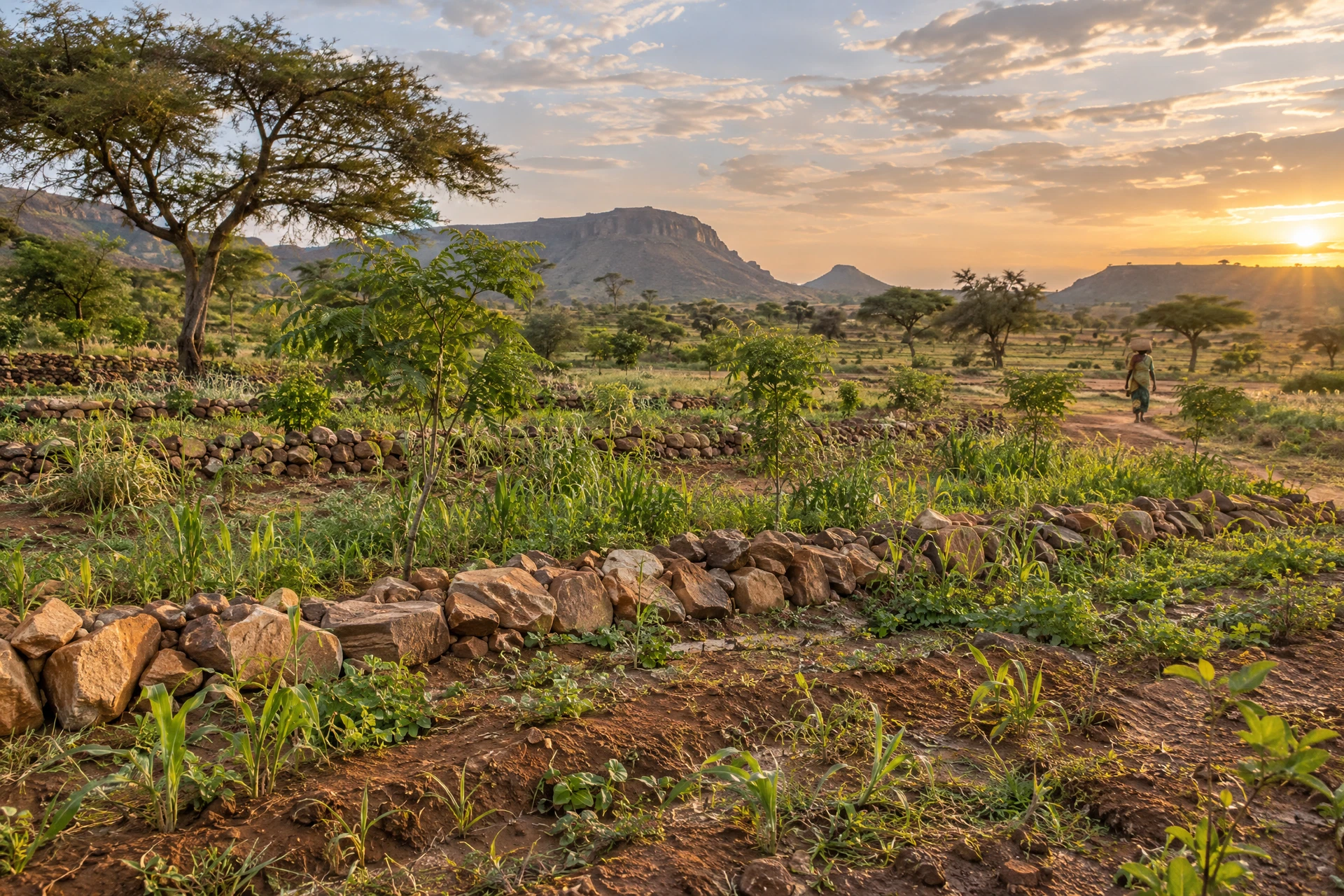 Un paysage sahélien où la régénération des terres et les jeunes arbres accompagnent la vie des champs.
